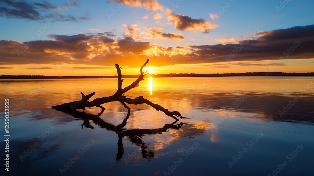 Poster stunning sunset reflection on a calm lake with tree branch silhouette : generative ai