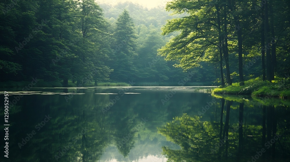 Poster reflective lake surrounded by vibrant trees in a breathtaking forest scene : generative ai
