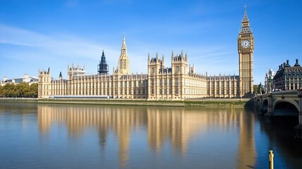 Fototapeta premium Iconic View of the Houses of Parliament and Big Ben Beside the River Thames : Generative AI