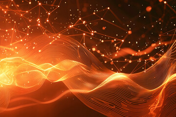Sleek abstract background in bright orange, featuring glowing digital connections and fluid waves.