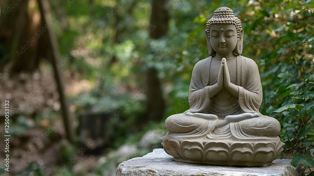 Poster calm stone buddha statue surrounded by lush greenery in a tranquil natural environment for meditatio