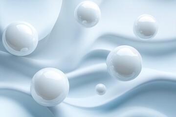 White spheres float above a light blue wavy fabric