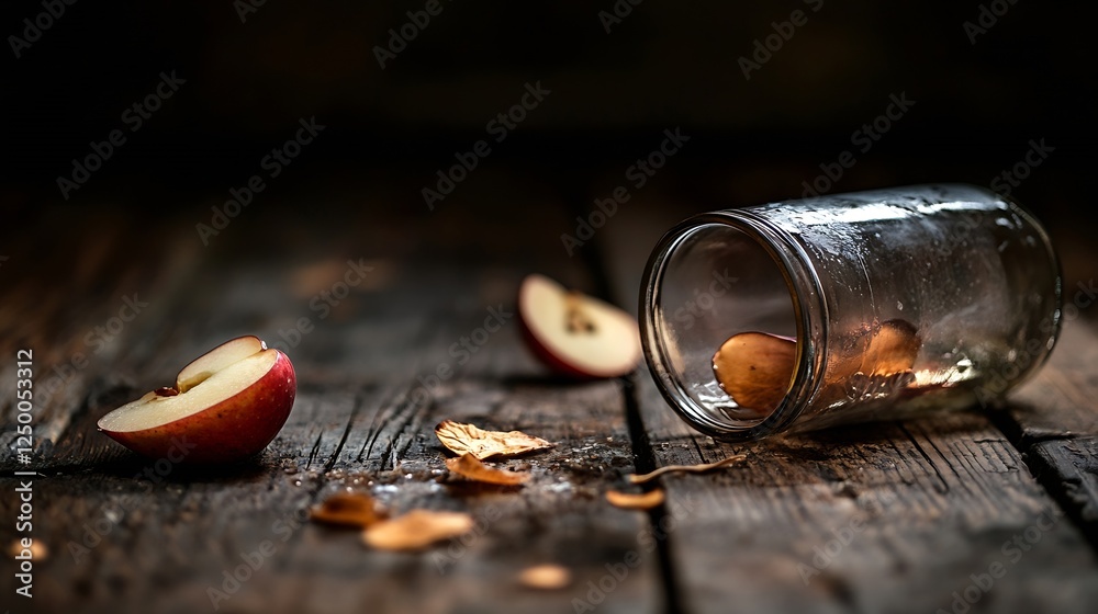Aufkleber artistic composition of an apple beside a tipped jar on rustic wooden background : generative ai