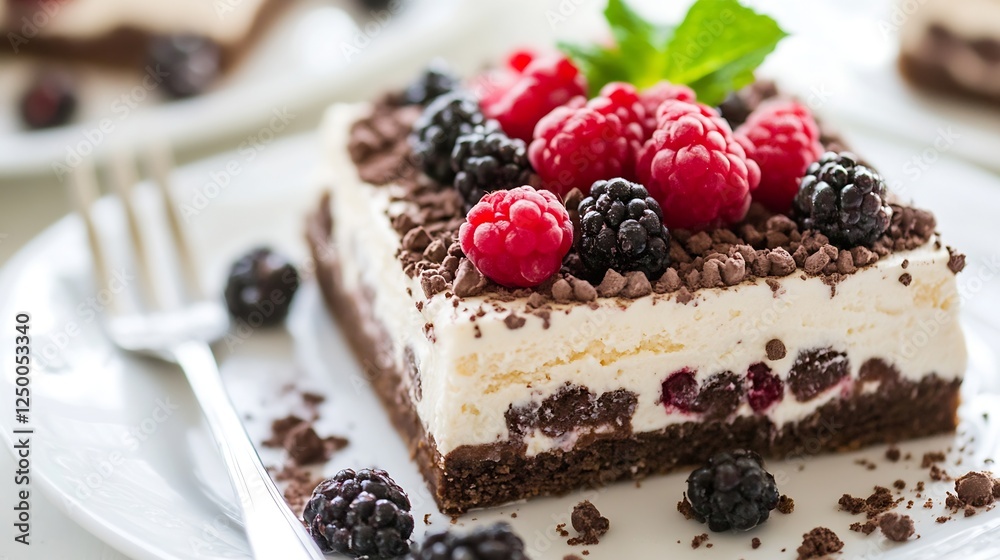 Poster decadent dessert slice of chocolate raspberry cake topped with fresh berries on a white plate : gene