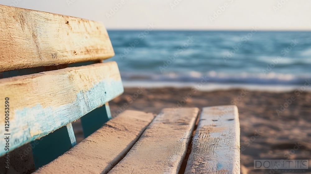 Poster Rustic Beach Bench Weathered by Time and Sandy Shoreline with Ocean Waves in Background : Generative AI