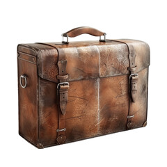 Vintage leather suitcase with worn texture and sturdy straps, perfect for travel or storage. This stylish bag adds classic touch to any journey
