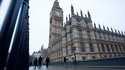 Fototapeta premium Iconic Big Ben clock tower and Parliament building in London shrouded in mist : Generative AI