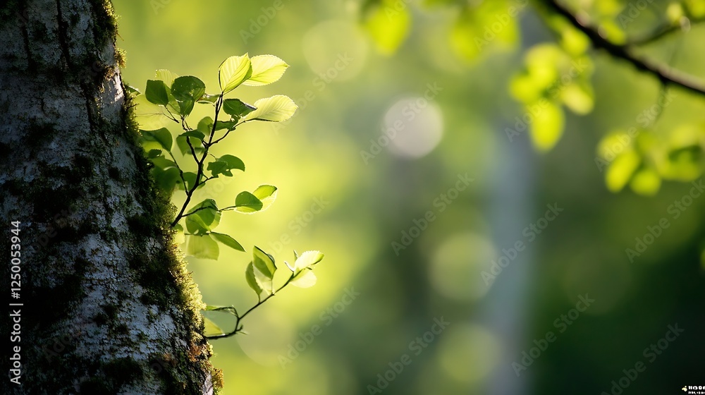 Poster green leaves on tree bark with soft natural light in background for nature photography : generative 