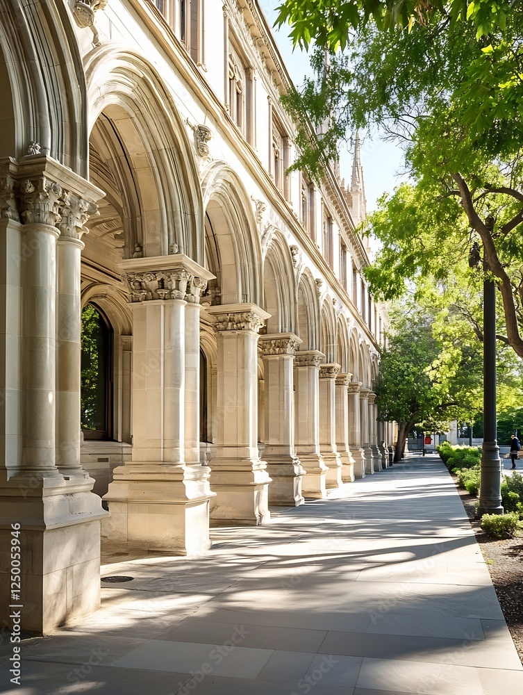 Poster beautiful arched architecture with lush green trees in a city : generative ai