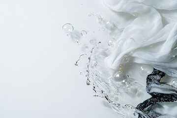 White and black fabric submerged in water with bubbles