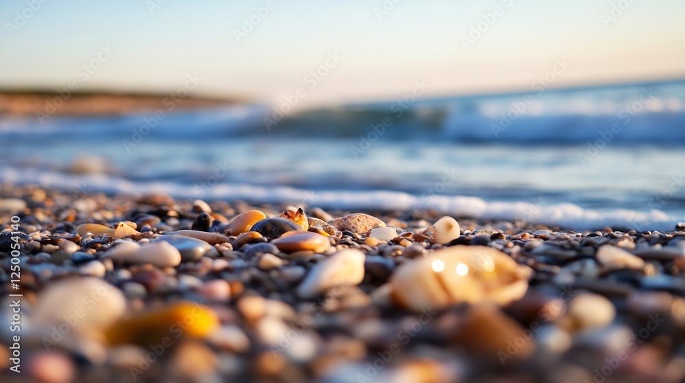 Poster beautiful close-up of colorful pebbles on a tranquil beach with gentle waves in the background : gen