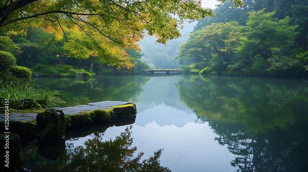 Poster serene landscape featuring tranquil lake surrounded by lush trees reflecting on calm water in a peac
