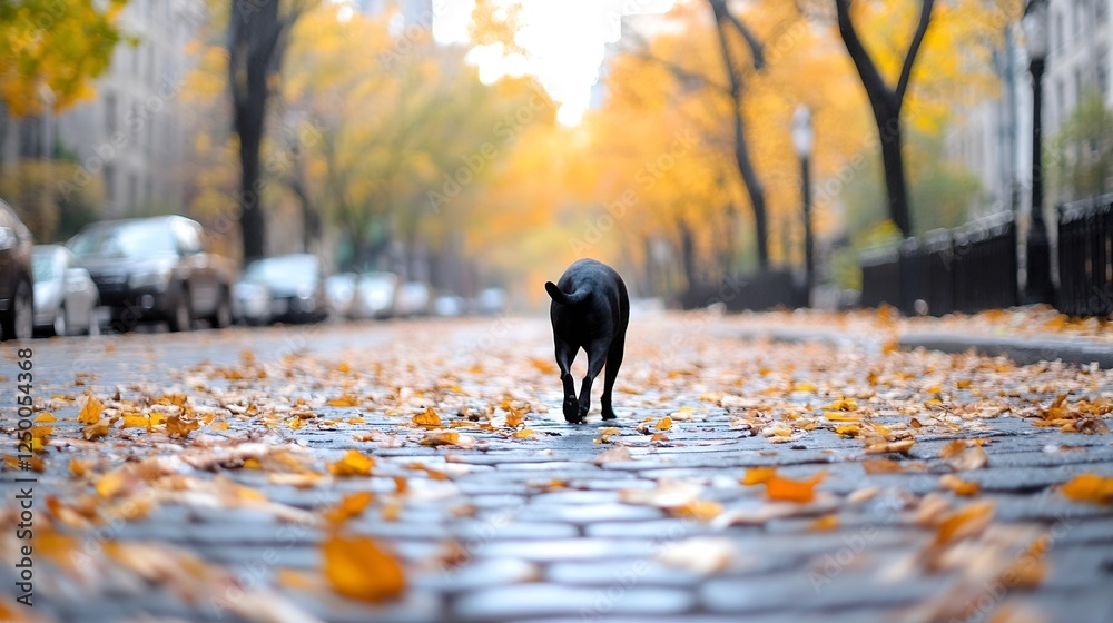 Poster black dog walking on cobblestone street under fall trees with colorful leaves and city vibes : gener