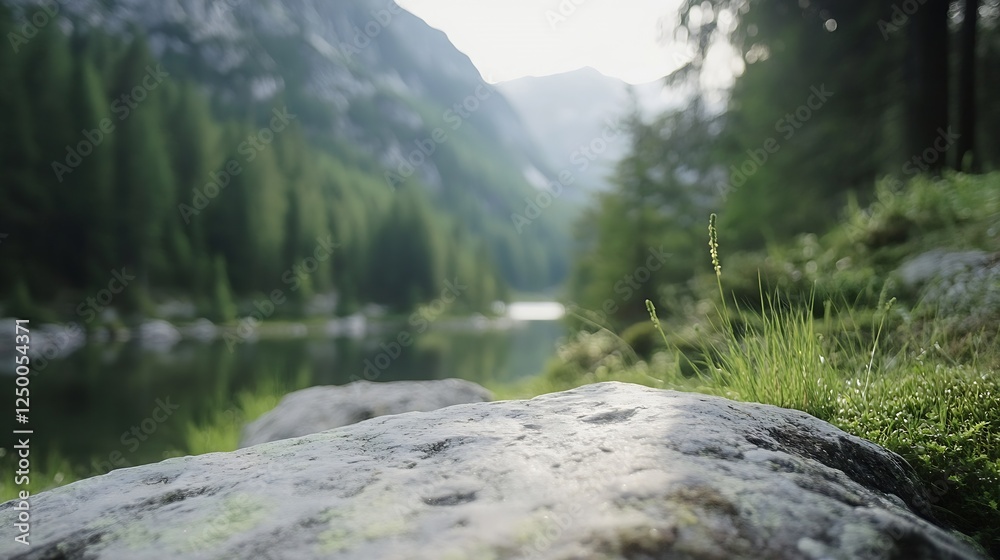 Poster scenic view of lush greenery by the lake surrounded by majestic mountains : generative ai