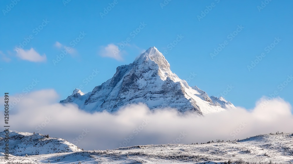 Poster snow-capped mountain peak rising above lush greenery and clouds : generative ai