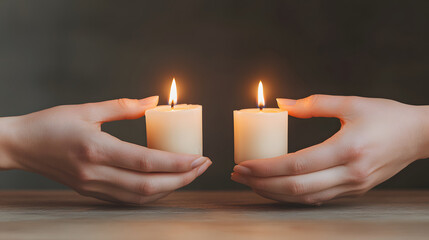 Hands lifting glowing candles together, symbolizing unity and warmth