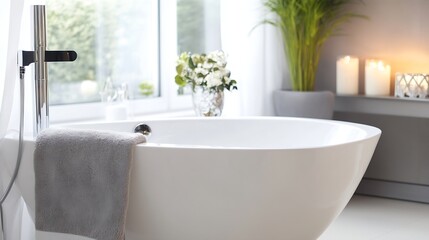 Stylish Bathroom Interior with a Modern Bathtub and Natural Decor : Generative AI