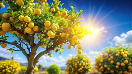 Sun-drenched lemon orchard, miniature landscape. Tilt-shift photography captures idyllic summer scene.