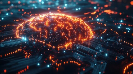 Fototapeta premium A digital brain glowing with interconnected neural links and AI symbols, showing the integration of artificial intelligence with cognitive processes in a modern