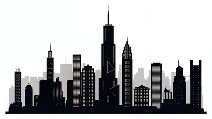 Modern City Skyline Urban Landscape Black and White Illustration