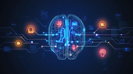 Fototapeta premium A futuristic illustration of a digital brain with pulsating neural pathways and glowing artificial intelligence icons, symbolizing the next evolution of human and machine thinking