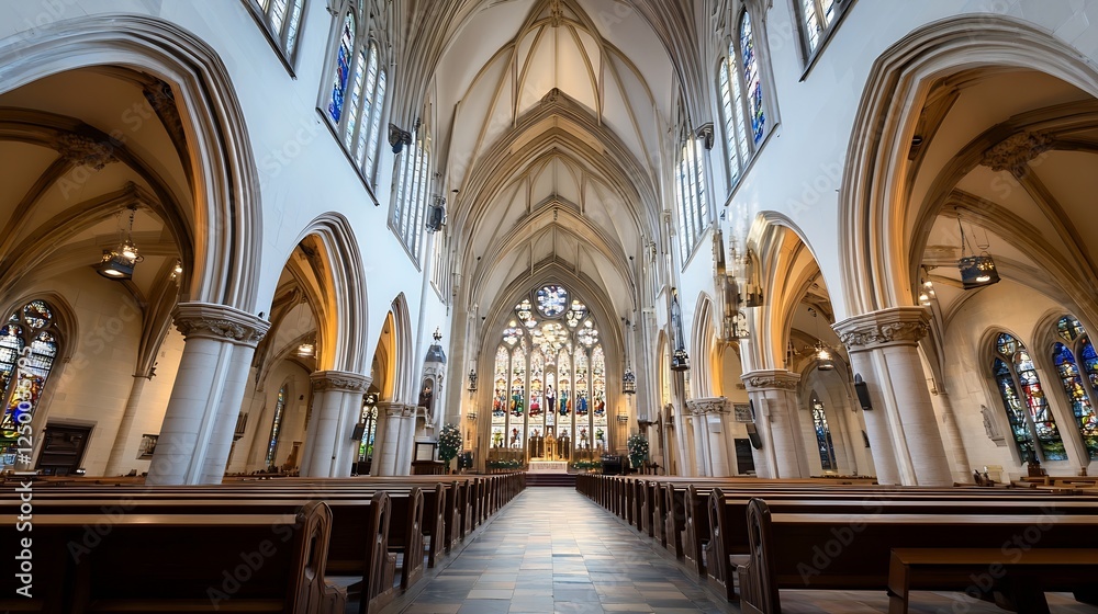 Poster stunning gothic architecture inside a beautiful cathedral with colorful stained glass windows : gene