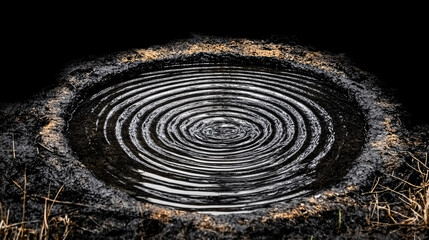 Naklejka premium Ethereal minimalist photograph of circular ripples in dark water, creating serene and tranquil atmosphere. contrast enhances beauty of ripples