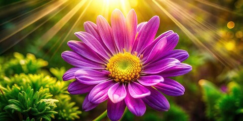 Obraz premium Sunlit meadow ablaze with vibrant purple flowers, captured from above by drone.