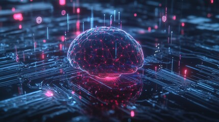 Obraz premium An abstract digital brain with illuminated neural connections and floating AI icons, representing the intersection of human thought and machine learning