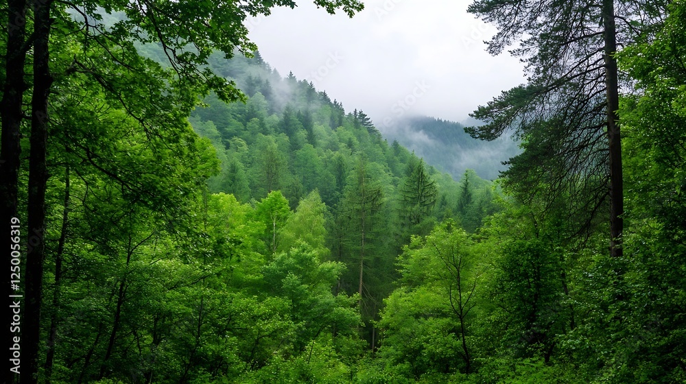 Poster lush green forest landscape with misty mountains in a tranquil natural setting : generative ai