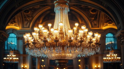 Obraz premium Grand Crystal Chandelier Illuminates Ornate Hall