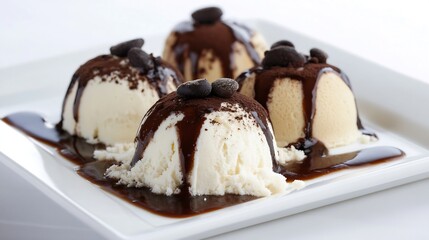Delicious Dessert of Ice Cream Scoops Topped with Chocolate Sauce and Coffee Beans : Generative AI