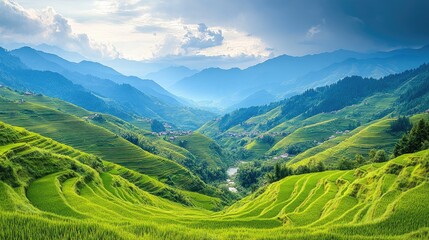 Naklejka premium Lush Green Terraced Rice Fields Under Dramatic Sky in Mountainous Landscape at Dusk