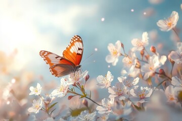 Beautiful butterfly sitting on white flowers with blue sky and fluffy clouds in spring garden. Delicate nature scene with blooming cherry blossoms.