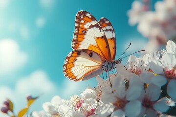 Obraz premium Beautiful butterfly sitting on white flowers with blue sky and fluffy clouds in spring garden. Delicate nature scene with blooming cherry blossoms.