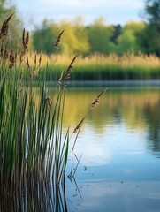 Obraz premium Serene Pond Landscape with Tall Reeds Reflecting in Calm Water : Generative AI