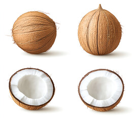 An ultra-realistic photograph of two whole coconuts and one coconut cut in half, isolated on a white background, with high detail and sharp focus. 