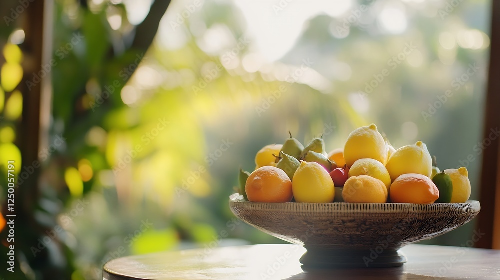 Poster fresh and colorful fruits displayed in a beautiful bowl on a wooden table with lush background : gen