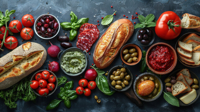 Delicious antipasti platter featuring fresh vegetables, meats, and bread