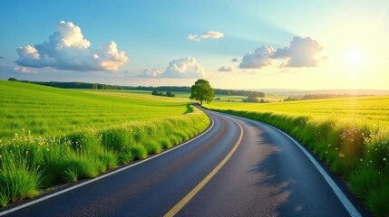 Fototapeta premium Serene Country Road Winding Through Lush Green Fields Under a Sunny Sky with a Solitary Tree