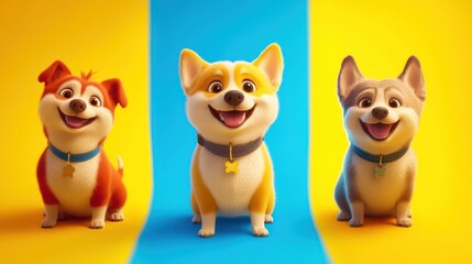 Obraz premium Three cartoon dogs posing, vibrant background, cheerful, pet adoption