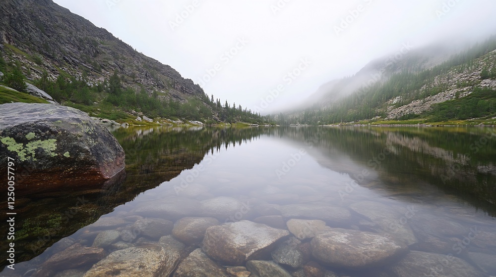 Poster tranquil mountain lake surrounded by lush greenery and misty mountains reflecting in calm waters : g