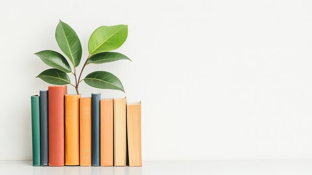 A vibrant arrangement of colorful books with a green plant sprouting from the top, symbolizing growth