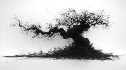 Abstract representation of a twisted tree with flowing black forms against a white background