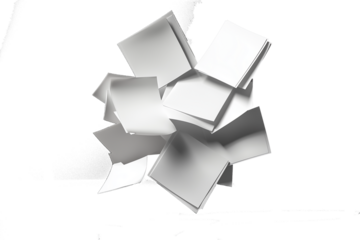 A pile of scattered white papers with printed text flying in the air, depicted on a transparent background. Concept of paperwork, chaos, stress.