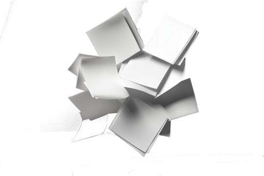 A pile of scattered white papers with printed text flying in the air, depicted on a transparent background. Concept of paperwork, chaos, stress. - Powered by Adobe