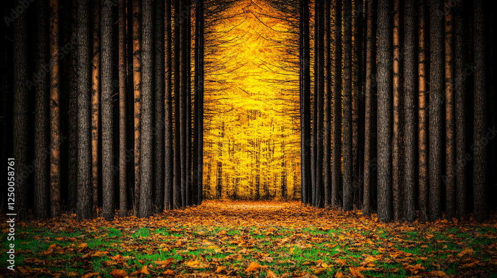 Wall mural stunning forest scene featuring tall, dark trees framing vibrant golden pathway. ground is covered in fallen leaves, creating serene and immersive atmosphere