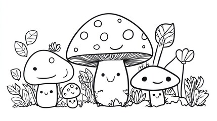 Happy mushrooms in a forest clearing, coloring page