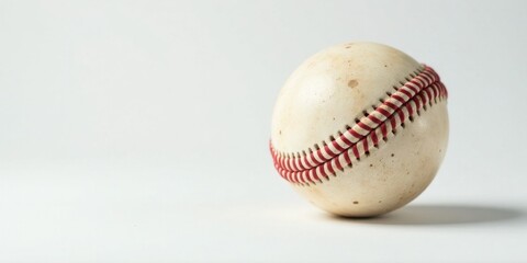 A well-worn baseball rests on a plain white background, showcasing its aged leather and red stitching.  The subtle lighting highlights the texture of the ball and its classic design.