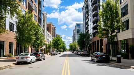 Obraz premium Urban Street Scene with Modern Buildings and Blue Sky on a Bright Day : Generative AI